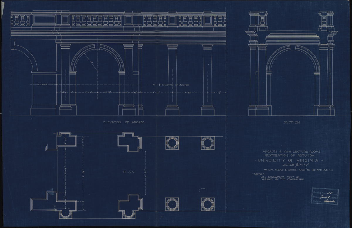 Architectural blueprint of an arcade, including elevation, section, and plan views. The drawing is detailed, featuring column and archway designs on a blue background.