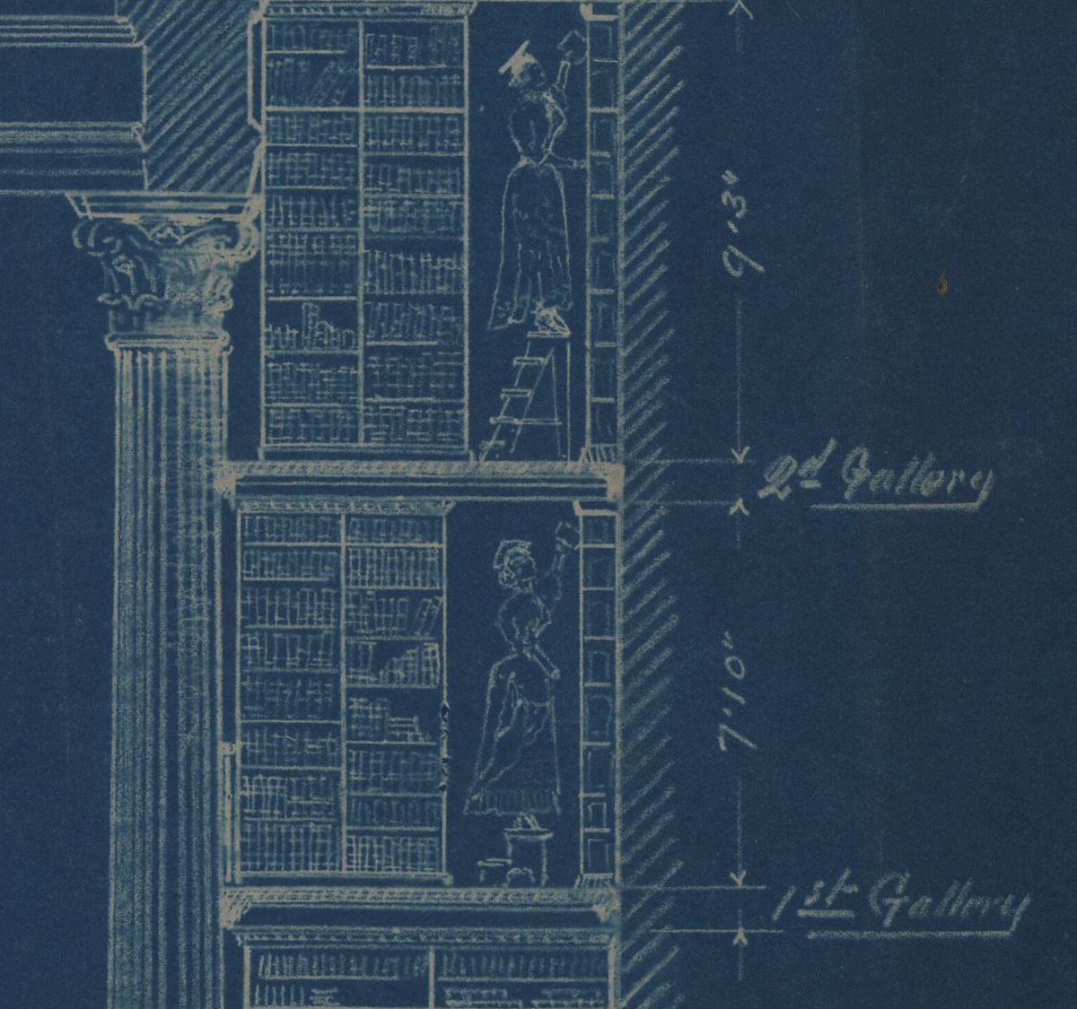 Architectural blueprint of a library section showing bookshelves filled with books. The design includes labels for different gallery levels and figures accessing the shelves.