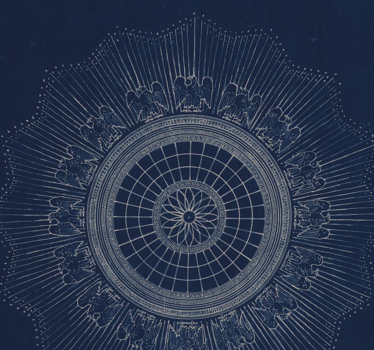 Intricate illustration of a design surrounding a ceiling skylight, depicting repeated eagles and a starburst pattern, drawn on a dark blue background.