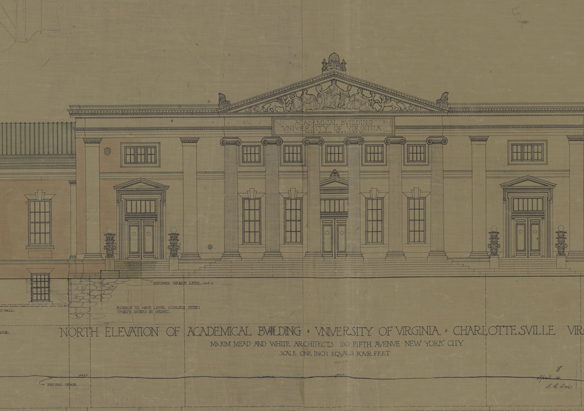 Architectural blueprint drawing featuring a detailed facade of an academic building with classical elements such as columns and triangular pediments.