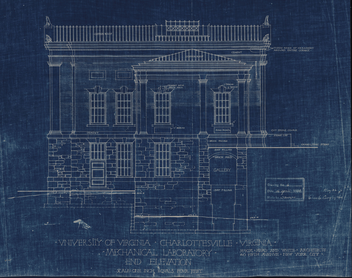 Blueprint showing the front elevation of a stone and brick building, detailed with architectural annotations and measurements, rendered in white on a blue background.