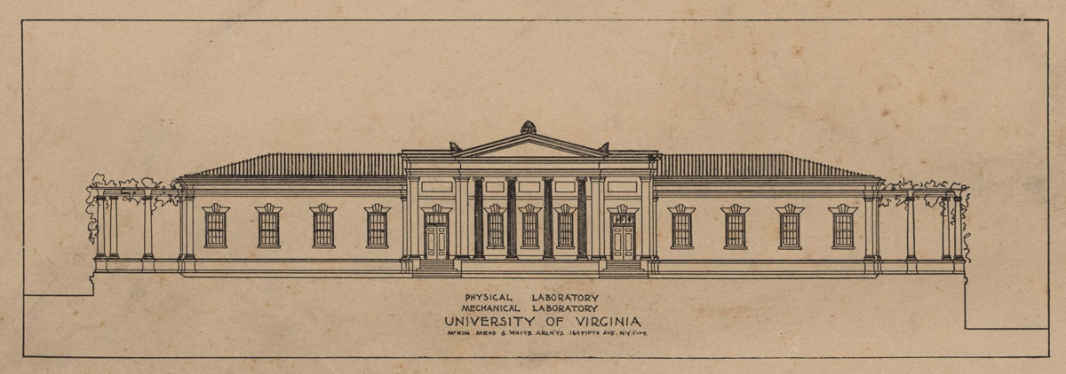 Architectural drawing featuring a long, single-story building with a central pediment and symmetrical wings, with flora-covered pergolas on both sides.