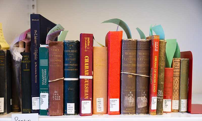 A row of books on a shelf showing the spines, of various colors/ages/designs and in various states of disrepair.